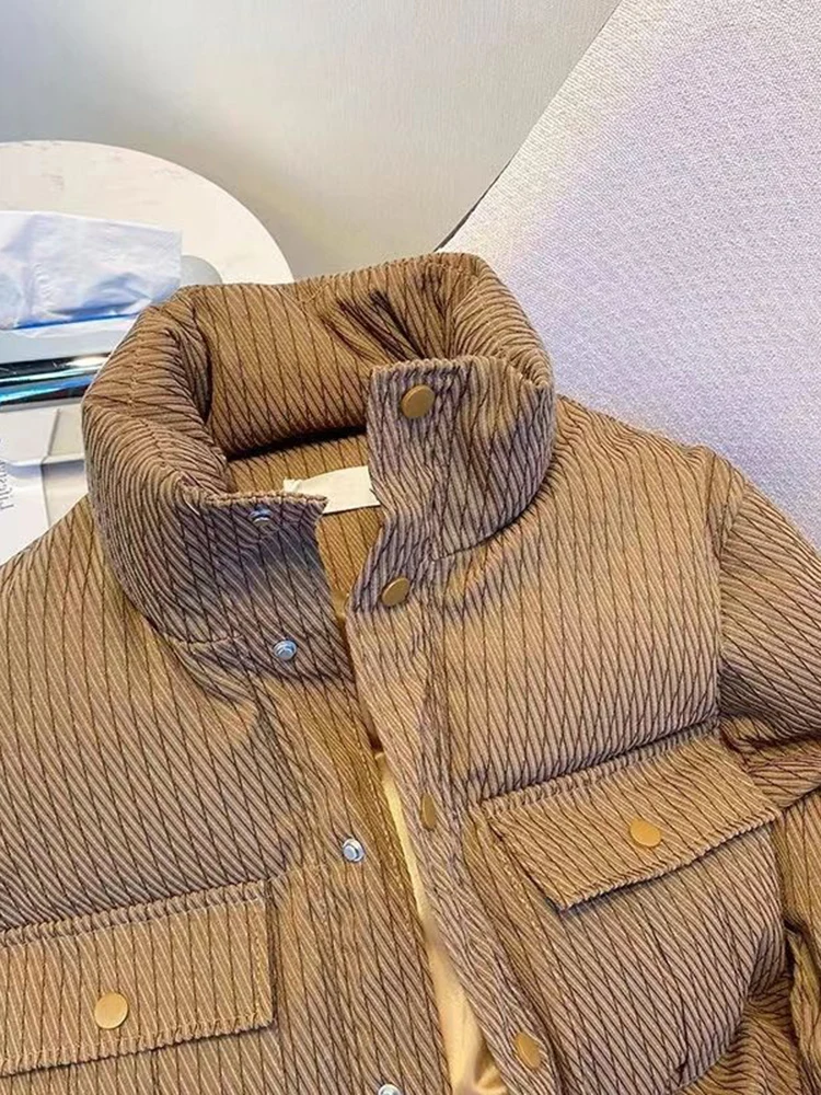 Gestreepte Vintage Winter Gezwollen Jas Vrouwen Lange Mouw Dikke Warme Katoenen Casual Koreaanse Stand Kraag Vrouwelijke Y2k Tops