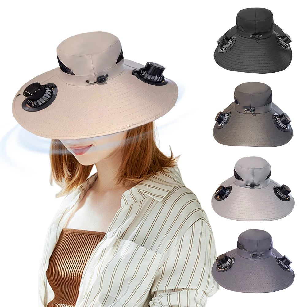 

Wide Brim Solar Fan Hat Sun Bucket Hat UV Protection Summer Hat with 2 Removable Fan Sun Visor Hat for Outdoor Summer Camping