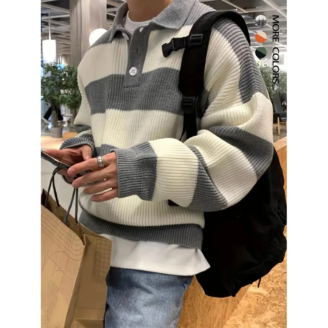 

2025 Men Color Block Stripe Polo Collar Knit Sweater Loose Fit Korean Streetwear Vintage Casual Warm Coat
