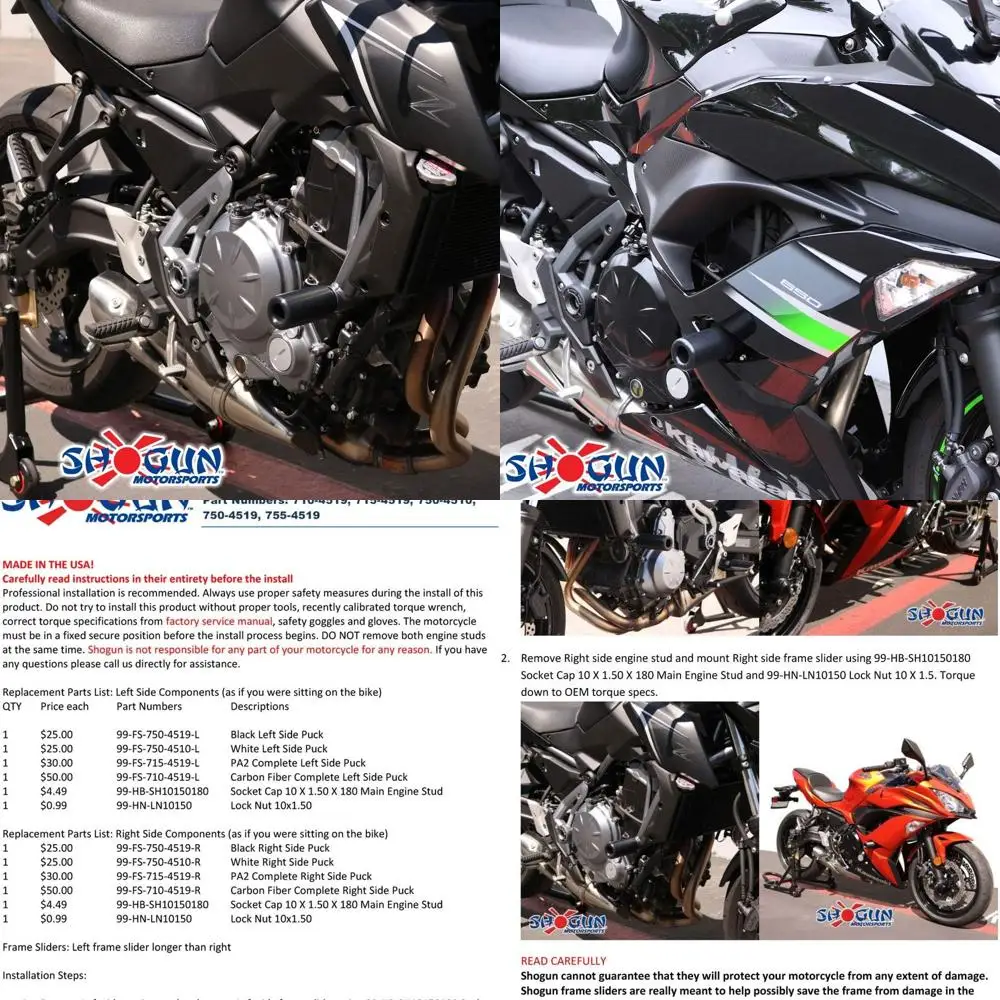 Shogun USA Made Kaw Ninja 650 Z650 Z 650 KRT EX650 EX 2017 2018 2019 2020 2021 2022 2023 2024 2025 أسود بدون قطع الإطار المتزلجون Fi #1