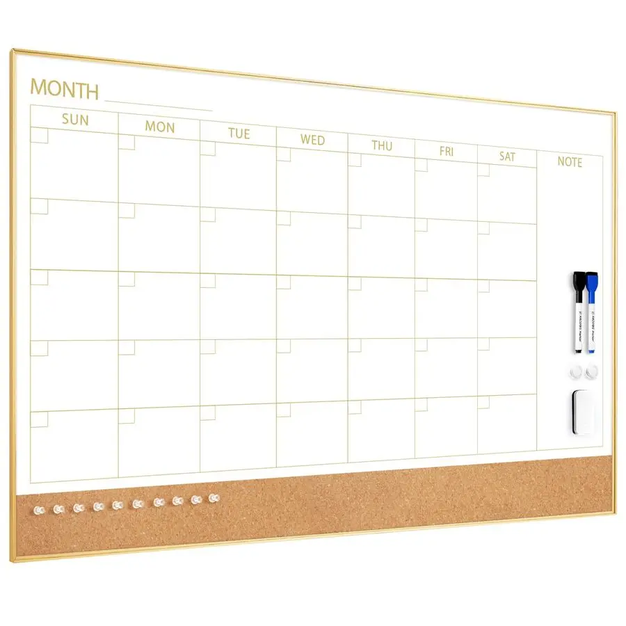 

Dry Erase Calendar Whiteboard Cork Board Combo, 36x24 Magnetic White Board Calendar Dry Erase for Wall, Gold Frame Monthly Combi