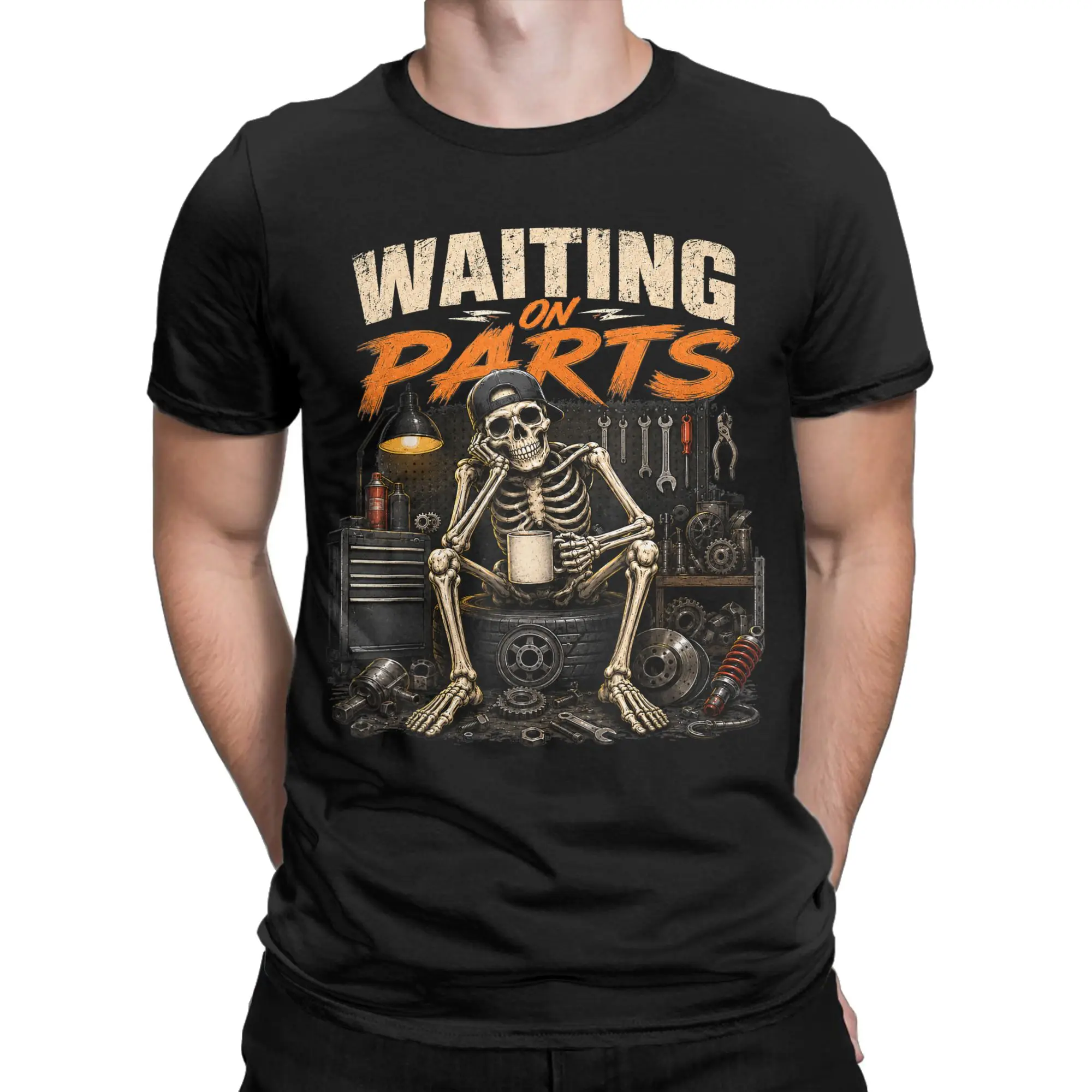 Vintage T-Shirt Waiting On Parts Mechanic Skeleton Auto Repair Life Cotton T Shirts Tshirt for Men Beach Short Sleeve Top Tees