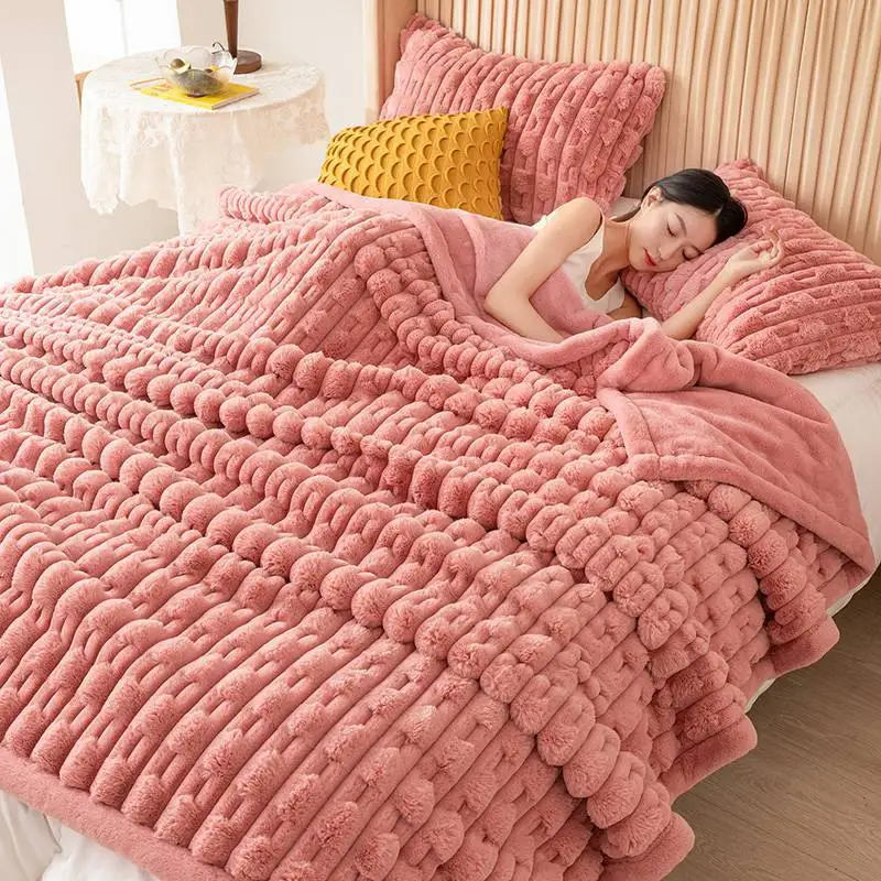 

2023 Light luxury rabbit plush thickened blanket Winter long wool Flannel nap sofa blanket Bedroom insulation quilt core home