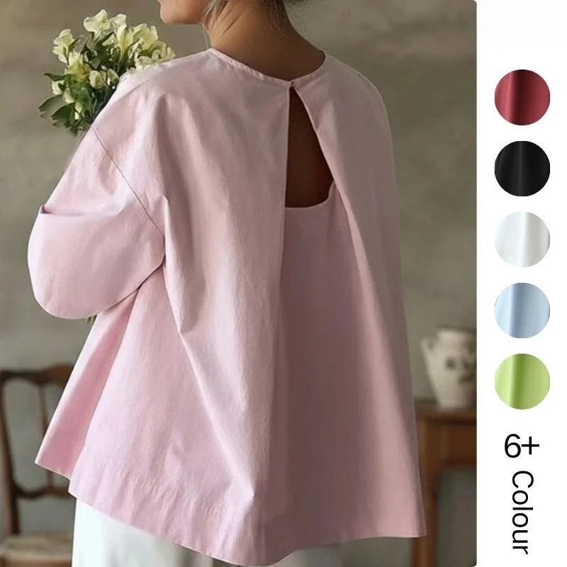 

Корейские шикарные блузки с вырезом на спине, свободные однотонные женские рубашки с круглым вырезом, короткий рукав, летние топы 2026