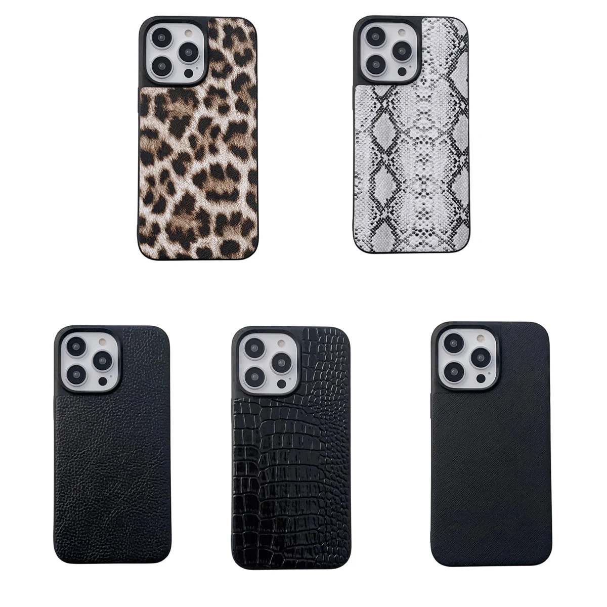 Luxury Leopard Crocodile Snake Lichi Pattern PU Leather Phone Case for iPhone 16 15 14 Plus 13 12 11 Pro Max Soft Black Cover