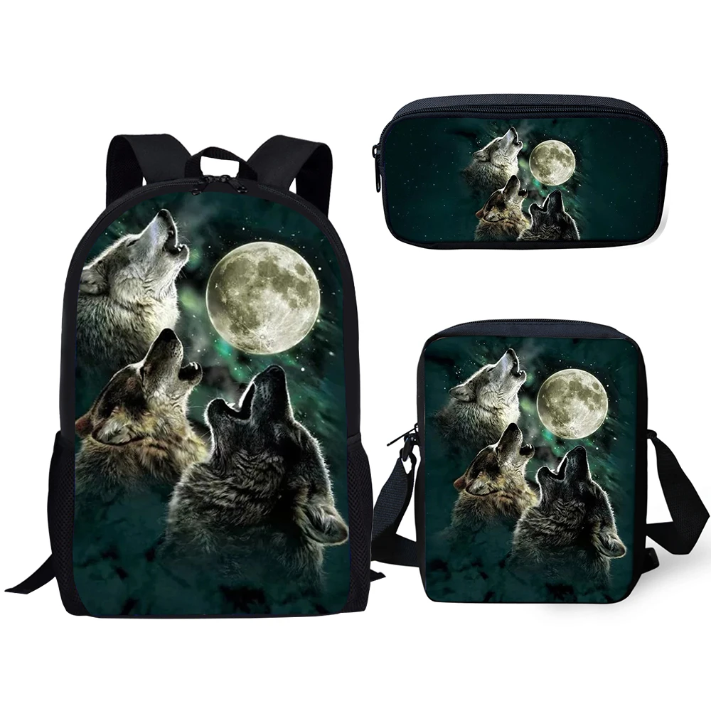 Harajuku Novelty Cool Wolf Animal 3pcs/Set Backpack 3D Print School Student Bookbag Laptop Daypack Shoulder Bag Pencil Case u