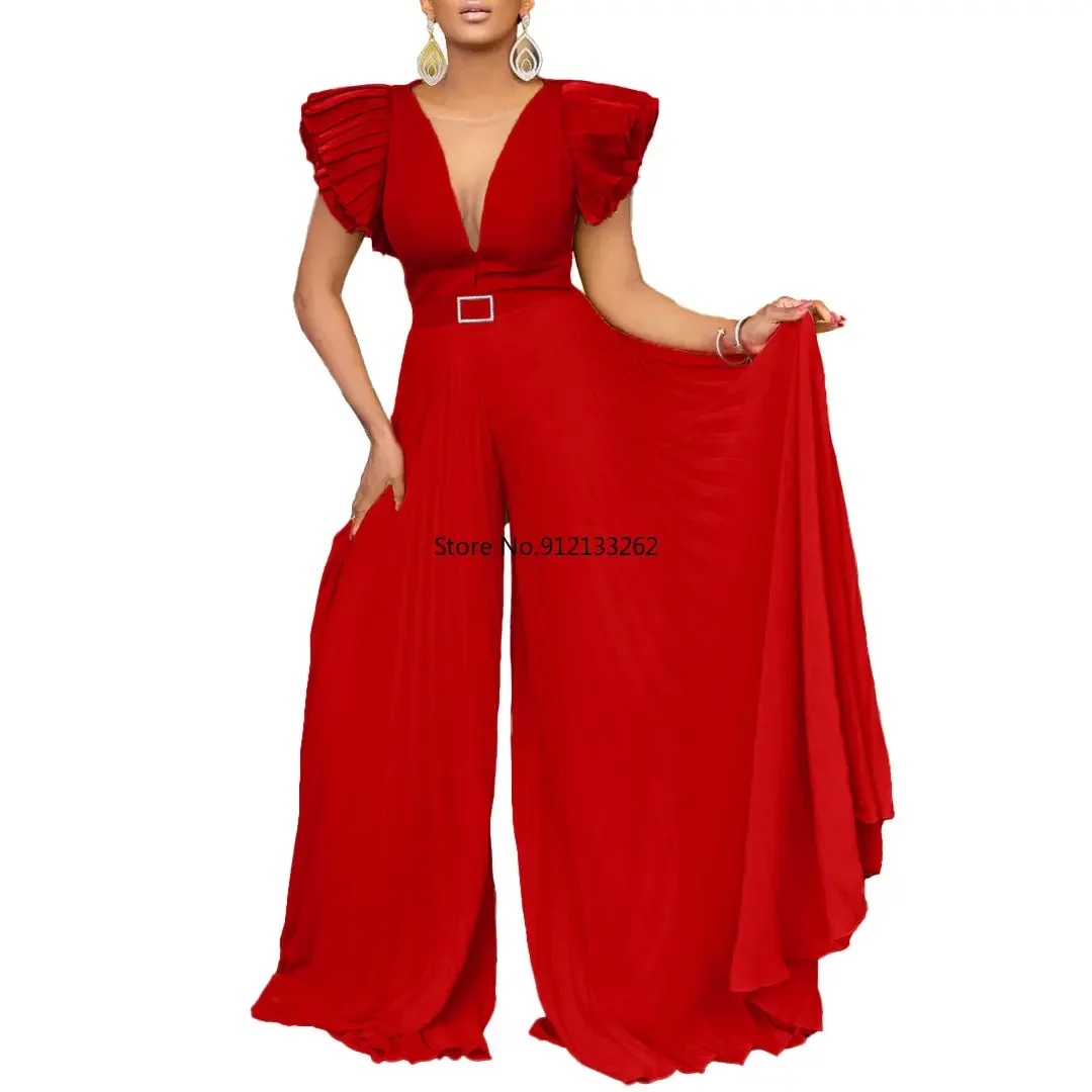 African Jumpsuit Summer Elegant African Women Short Sleeve V-neck Polyester Solid Color Long Pleated Jumpsuit African Clothes