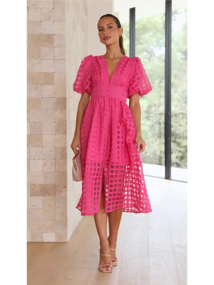 

Fashion Lantern Sleeves Dress For Woman Elegance V-neck High Waist Button Design Midi Dresses Summer Ladies Solid Color Vestidos