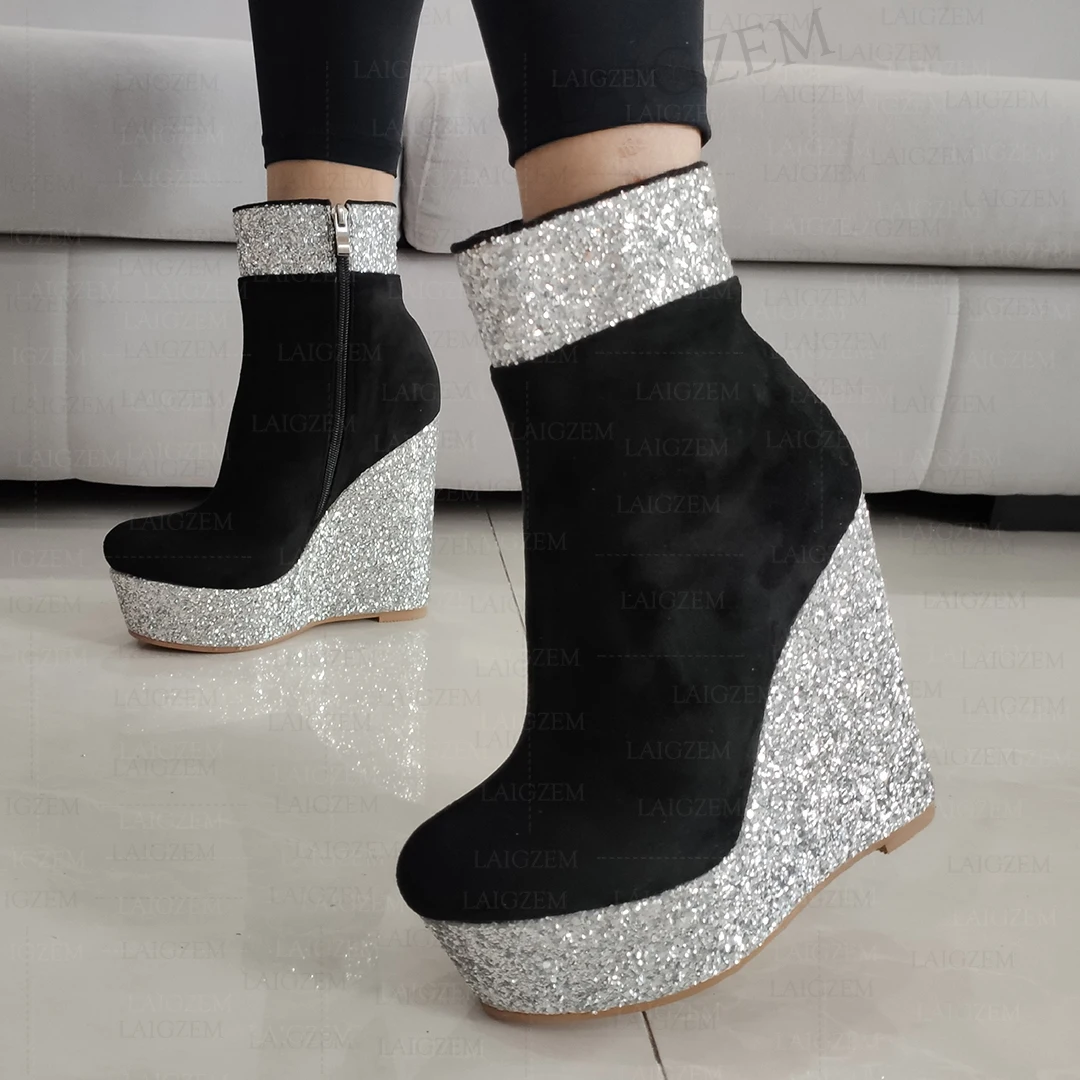 LAIGZEM Women Ankle Boots Platform Wedges Bling Glitter Faux Suede Short Boots Patchwork Ladies Shoes Woman Big Size 41 43 45 52