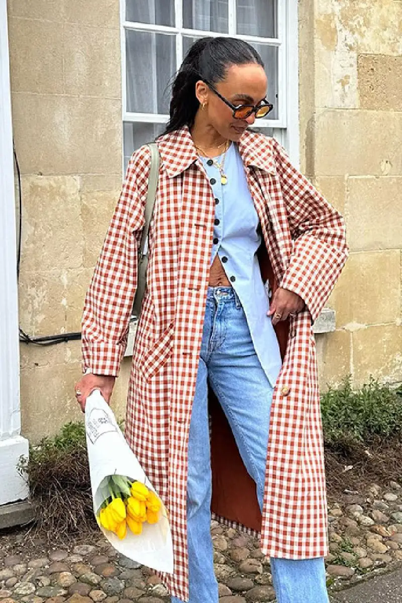 

Women Red Plaid Long Trench Coat Casual Lapel Single Breasted Full Sleeve Windbreaker Jacket Autumn New Lady Streetwear