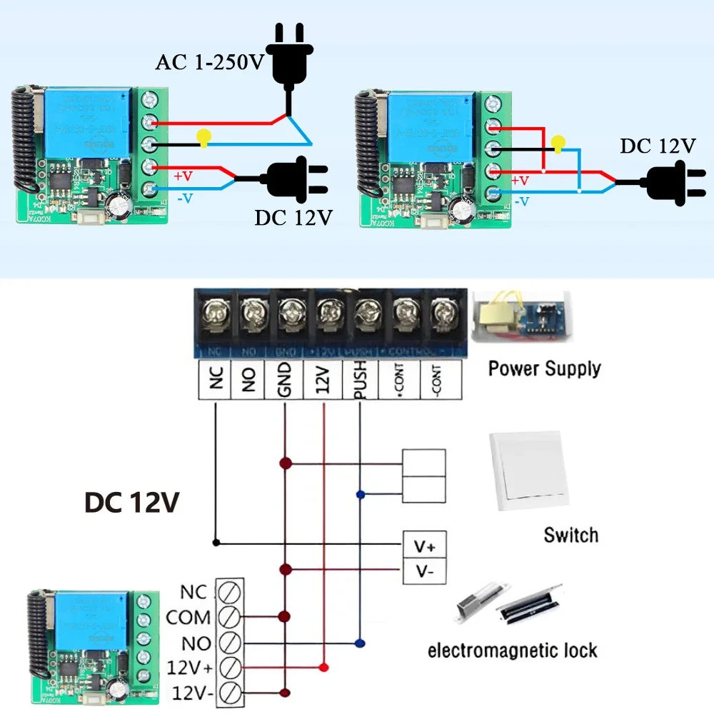 RF 433MHz Remote Control Wireless Universal Switch DC 12V 1CH 10A Relay Receiver and 2CH 3CH Transmitter for Light Car Lock