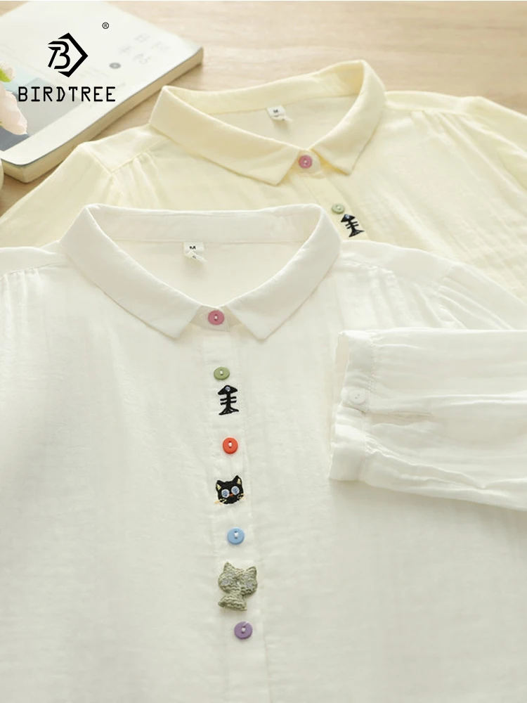 

New 2026 Summer Women Cotton Yarn Half Sleeve Shirt, Lapel Cat Embroidery, Mori Girl Sweet Preppy Style Loose Blouse T65352CC