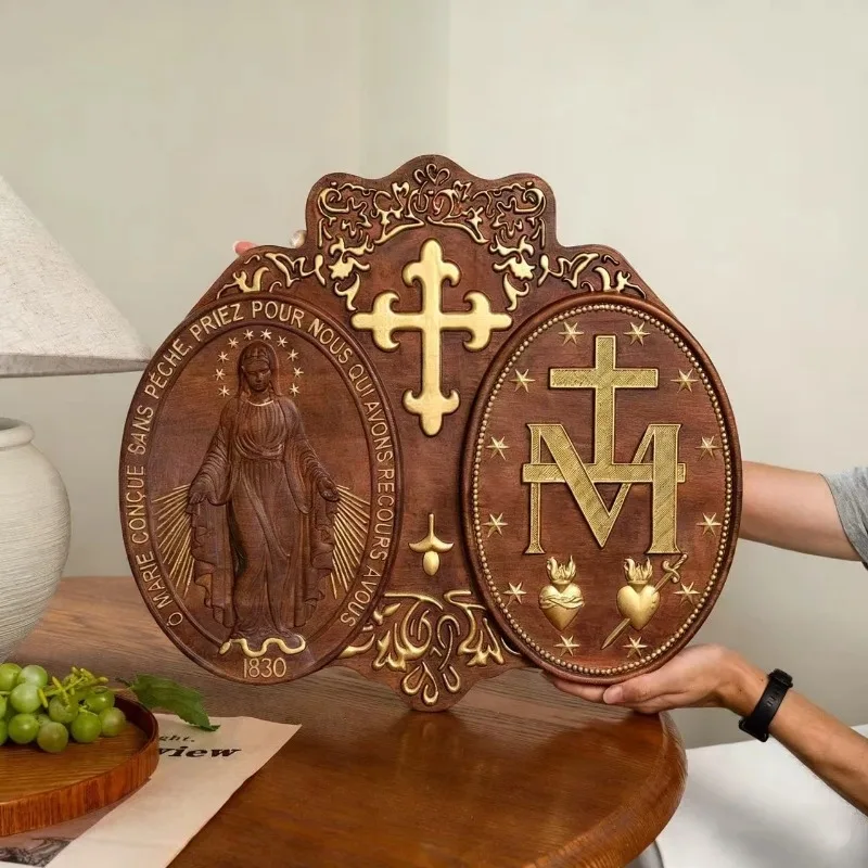 Medalla milagrosa tallada en madera Vintage, estatua de la Virgen María, Gloria María, decoración de arte católico
