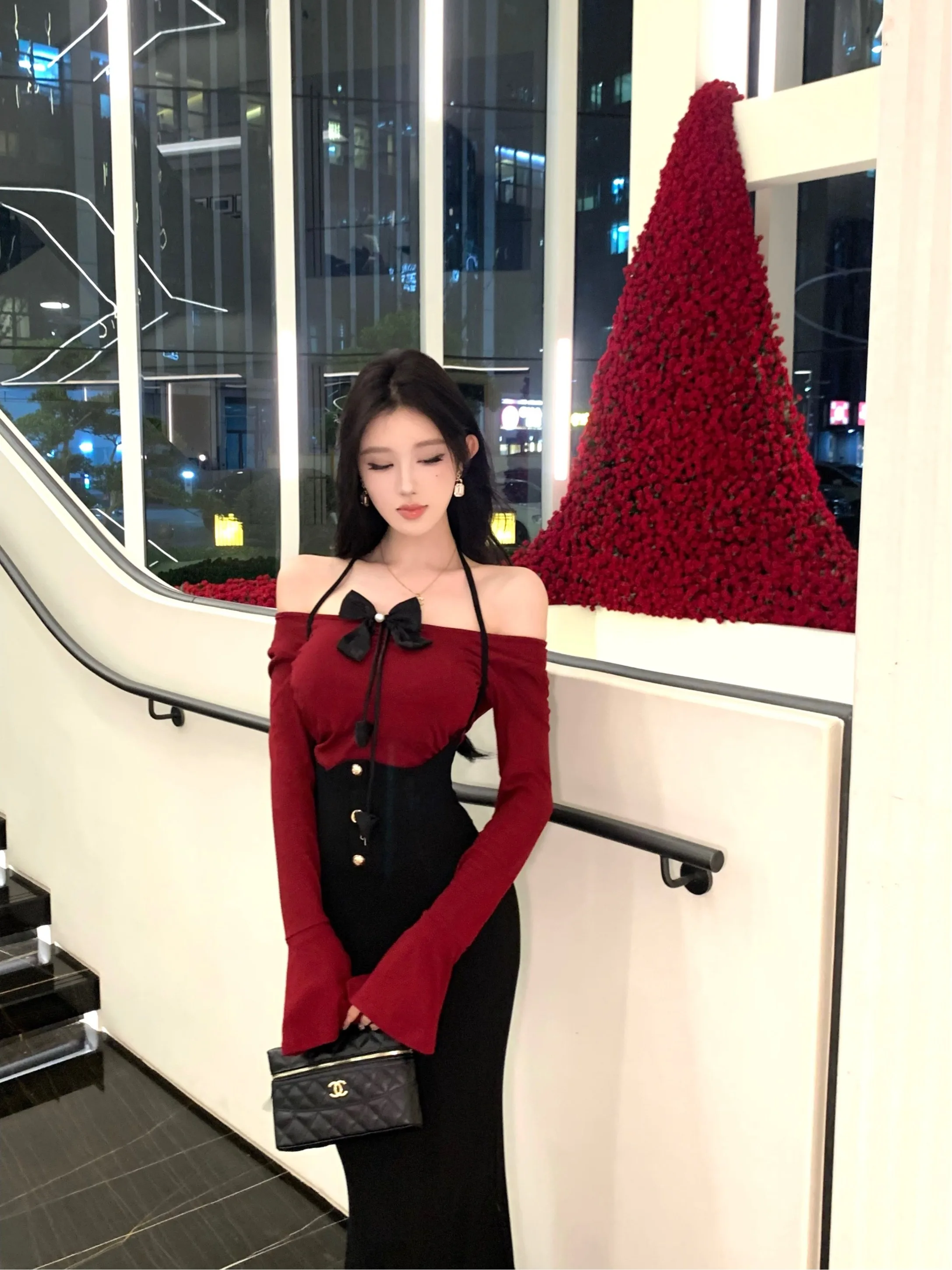 Elegant 2-piece Skirt Set For Women Red One-shoulder Knitted Top High-waist Bandage Bodycon Mermaid Skirt Trendy Commute Clothes