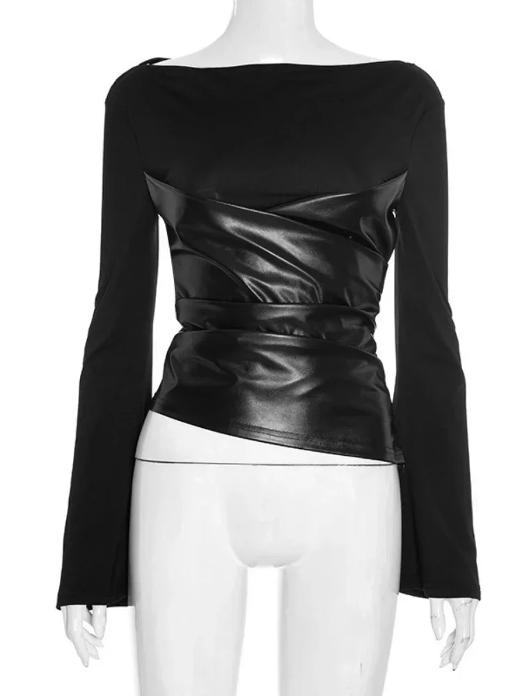 

Y2K Patchwork PU Sexy T-Shirt 2025, Harajuku Flare Sleeve Bodycon Top Streetwear Tee (Characters: 74)