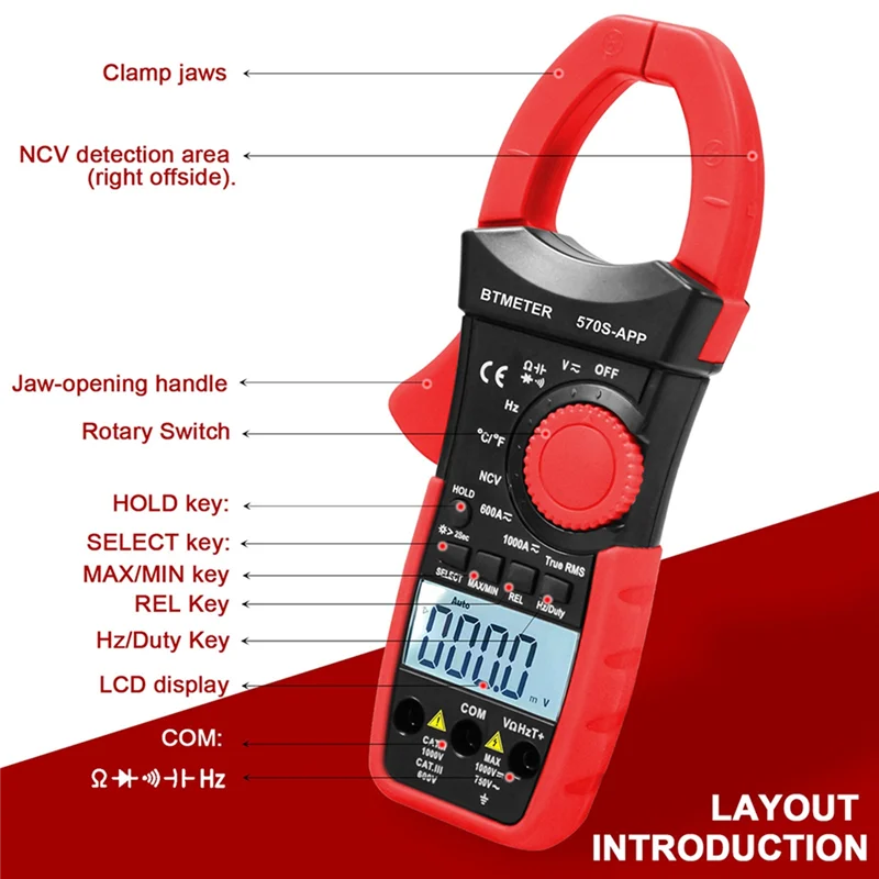 

Digital AC/DC Volt Amp Clamp Meter,Auto Ranging 1000A Ammeter Clamp Multimeter with Wireless Bluetooth for Ohm,Cap