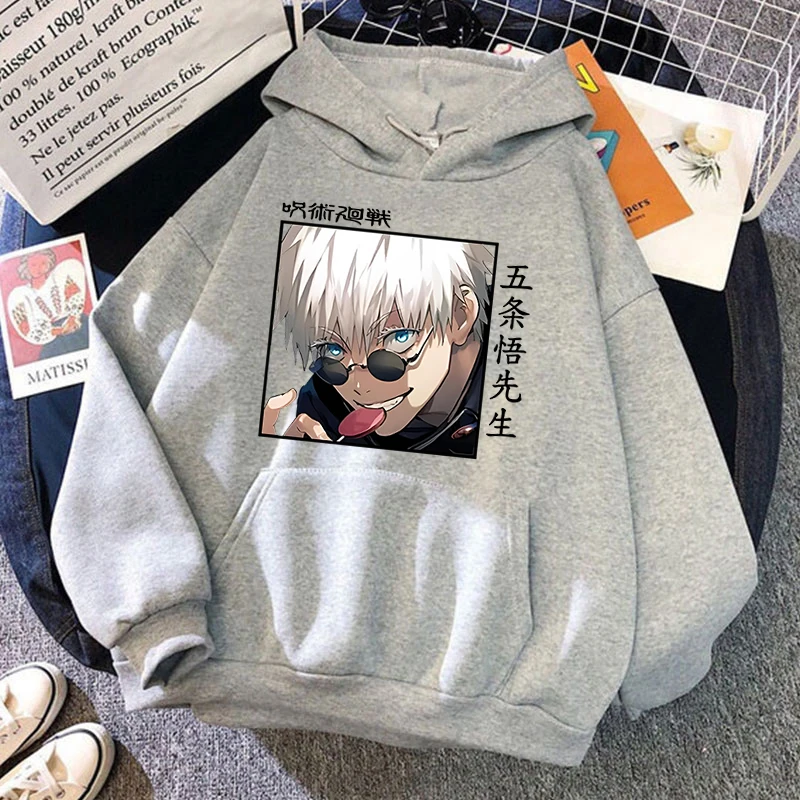 Autumn Winter Casual Anime Gojo Satoru Print Hoodies Solid Color Long Sleeve Hooded Pullovers Sweatshirts Plus Size