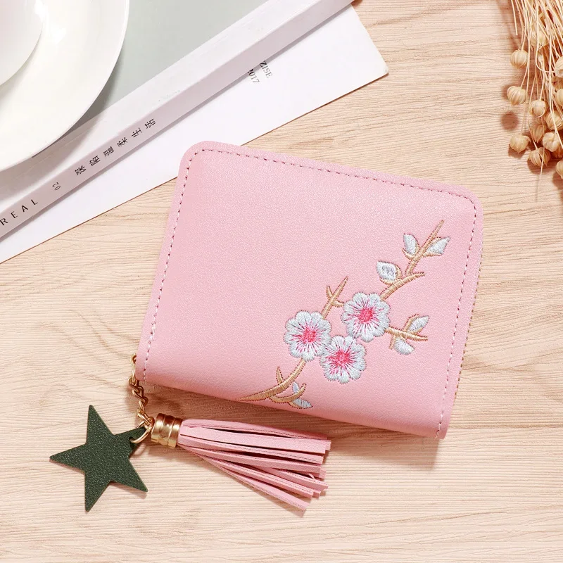 Cartera de estilo coreano con flores para mujer, monedero corto con cremallera, borla pequeña, corazón, Mini monedero, bolso de mano femenino,