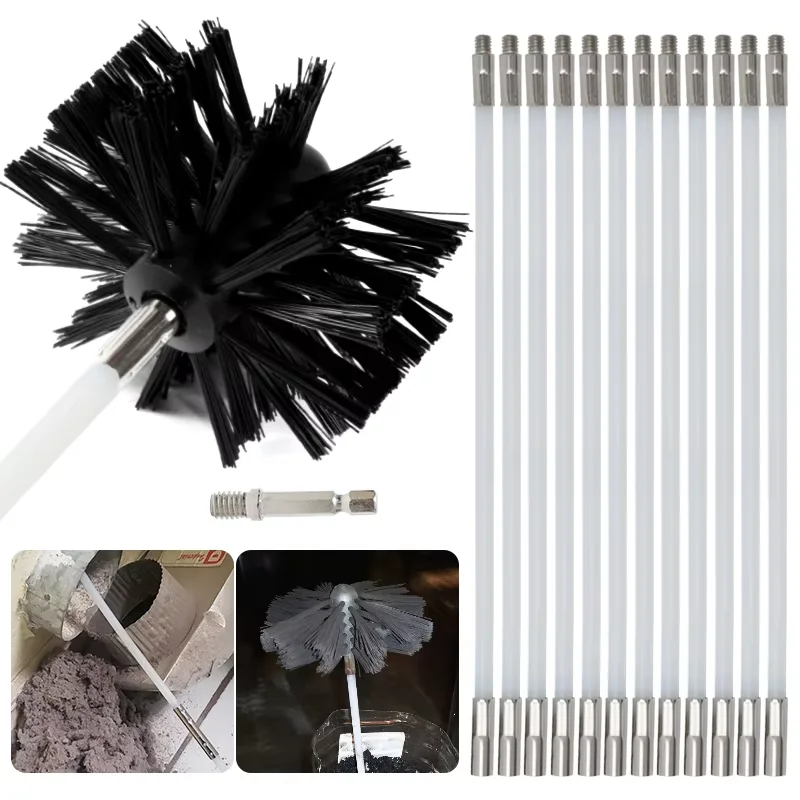 Chimney Brush Set with Long Handle Rods Flue Sweeping Brush 100/150mm Brush Head Air Duct Cleaning Tool for Chimney Dryer Pipe