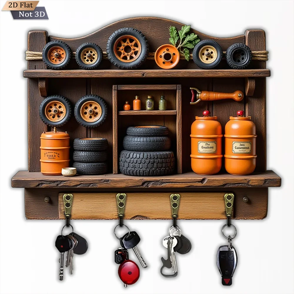 2D Flat, 1pc, Retro Tire Shaped Wooden Key Hook Wooden Multifunctional Home Key Hook with Four Metal Hooks, Wall Decoration,