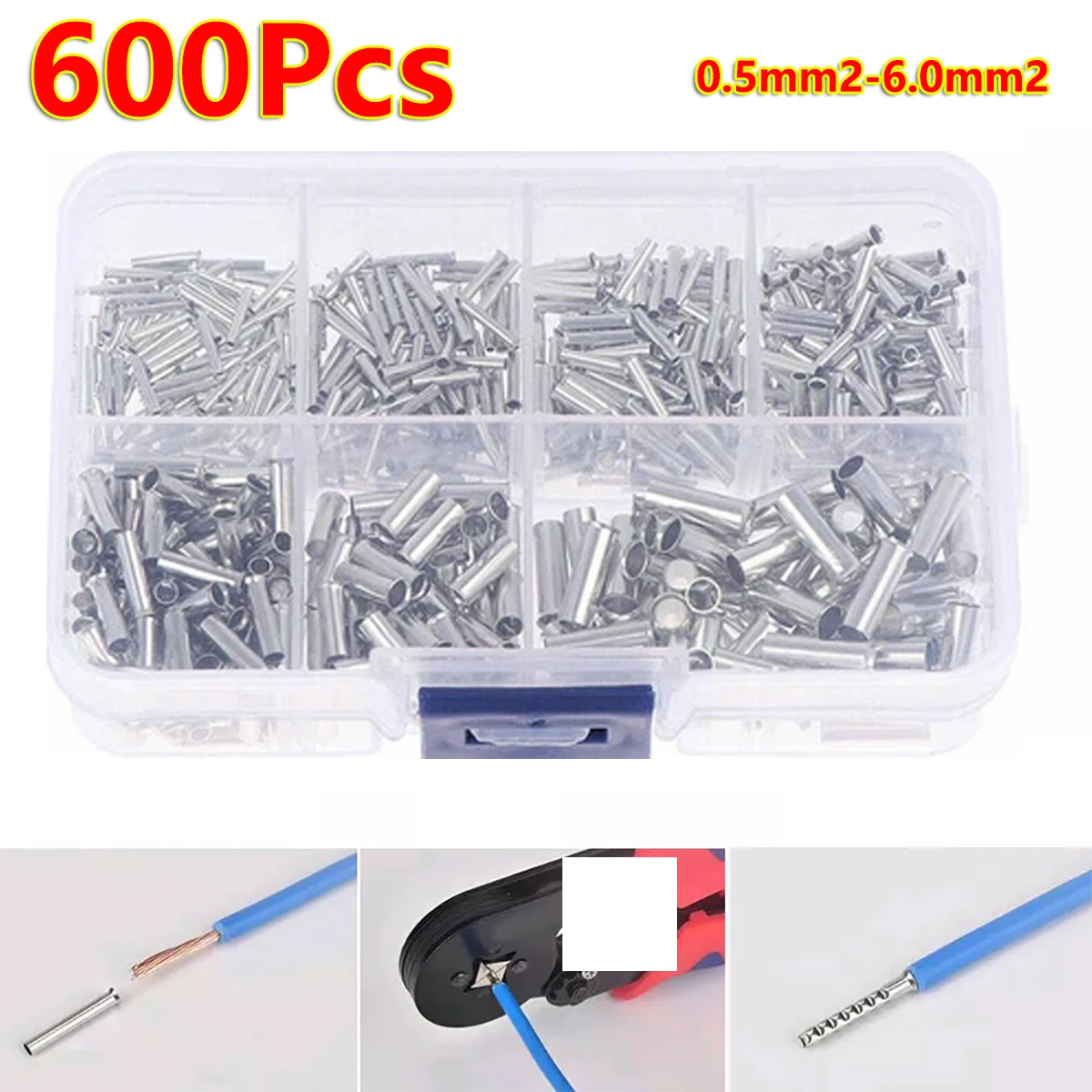 

600Pcs 0.5mm2-6.0mm2 Uninsulated Copper Terminal Ferrules Cord End Electrical Cable Crimp Terminals Electrical Wire Connection