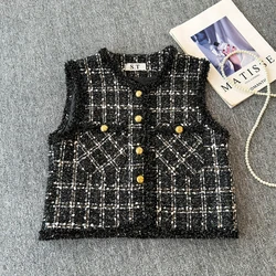 Women's Tweed Plaid Vest Jacket Fashion Round Neck Single-breasted Sleeveless Top Elegant Temperament Cardigan Waistcoats