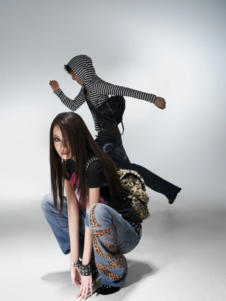 PCCVISION AN0N Totem Patterned Denim Jeans Bell Bottoms Light Blue Washed Leopard Print Cotton Straight Leg Fit Jeans