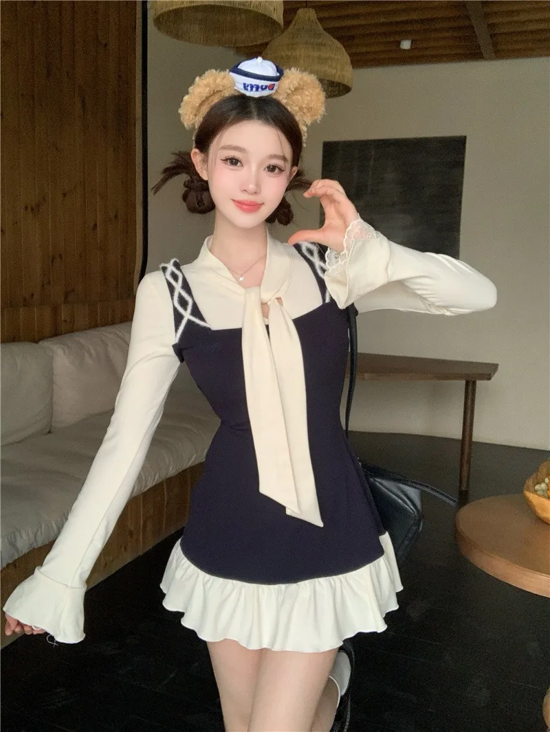 

Fake Two-piece Patchwork Long-sleeved Dress Women's Spring Contrasting Color Lace A-line Short Dress Fashion Female Clothes