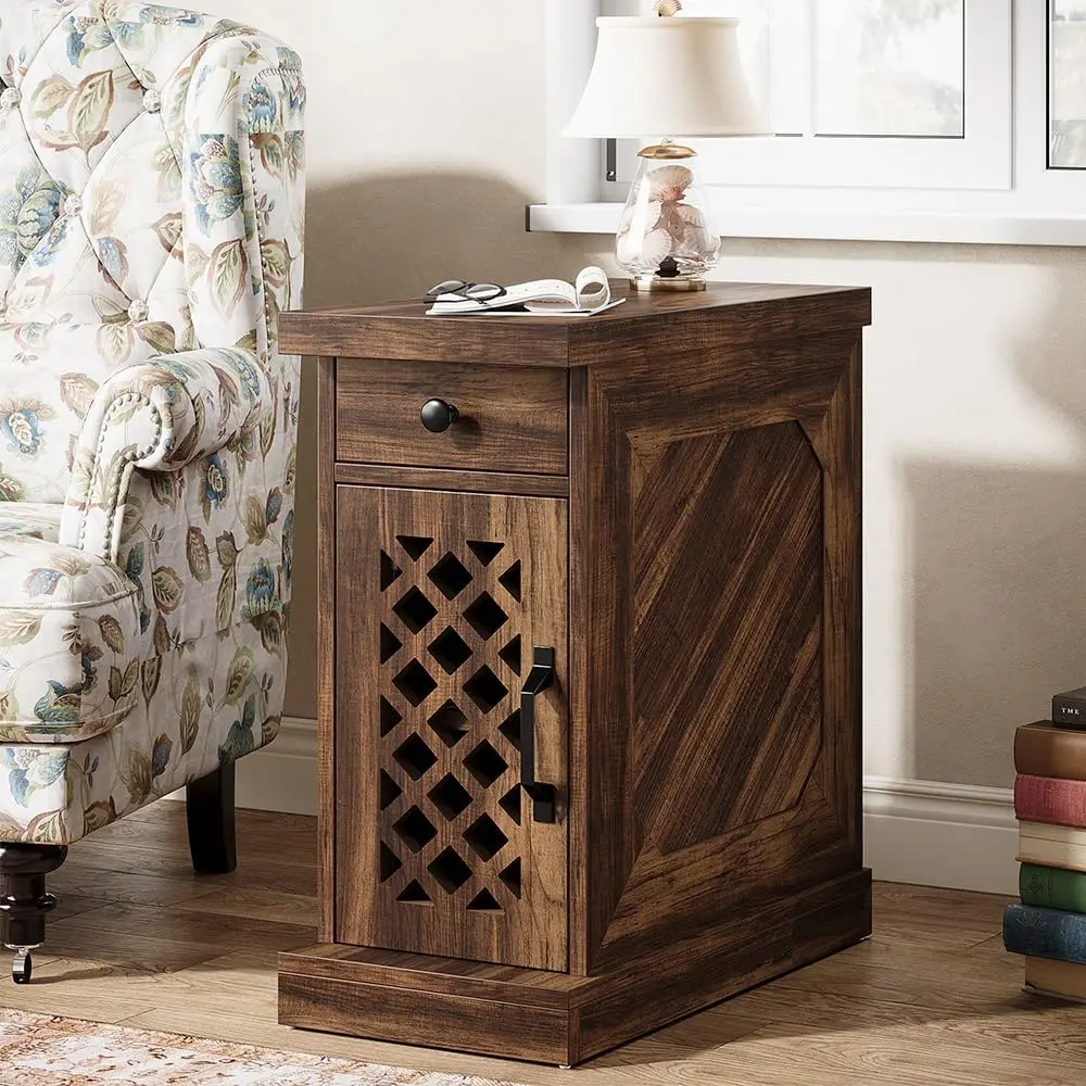 

End Table, Narrow Side Table with Drawer and Cabinet, Farmhouse Nightstand End Table for Small Space, Living Room, Bedroom