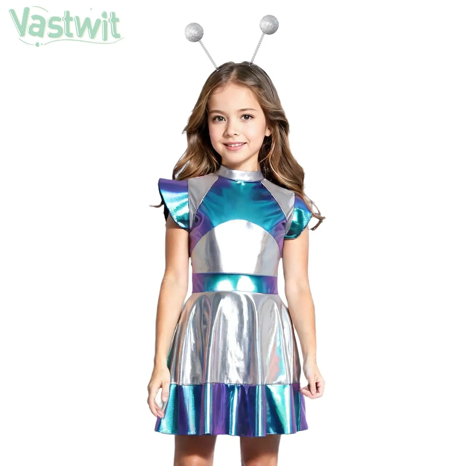 Children Girls Halloween Outer Space Cutie Alien Cosplay Costume Cap Sleeve Metallic Shiny Dress with Hair Hoop for School Show