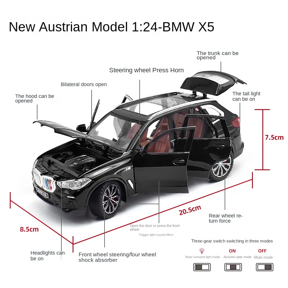 Diecast 1:24 Scale BMW X5 SUV Alloy Car Model Collective Metal Voiture Miniature Home Decor Car Toy Boys Gift Sound Light