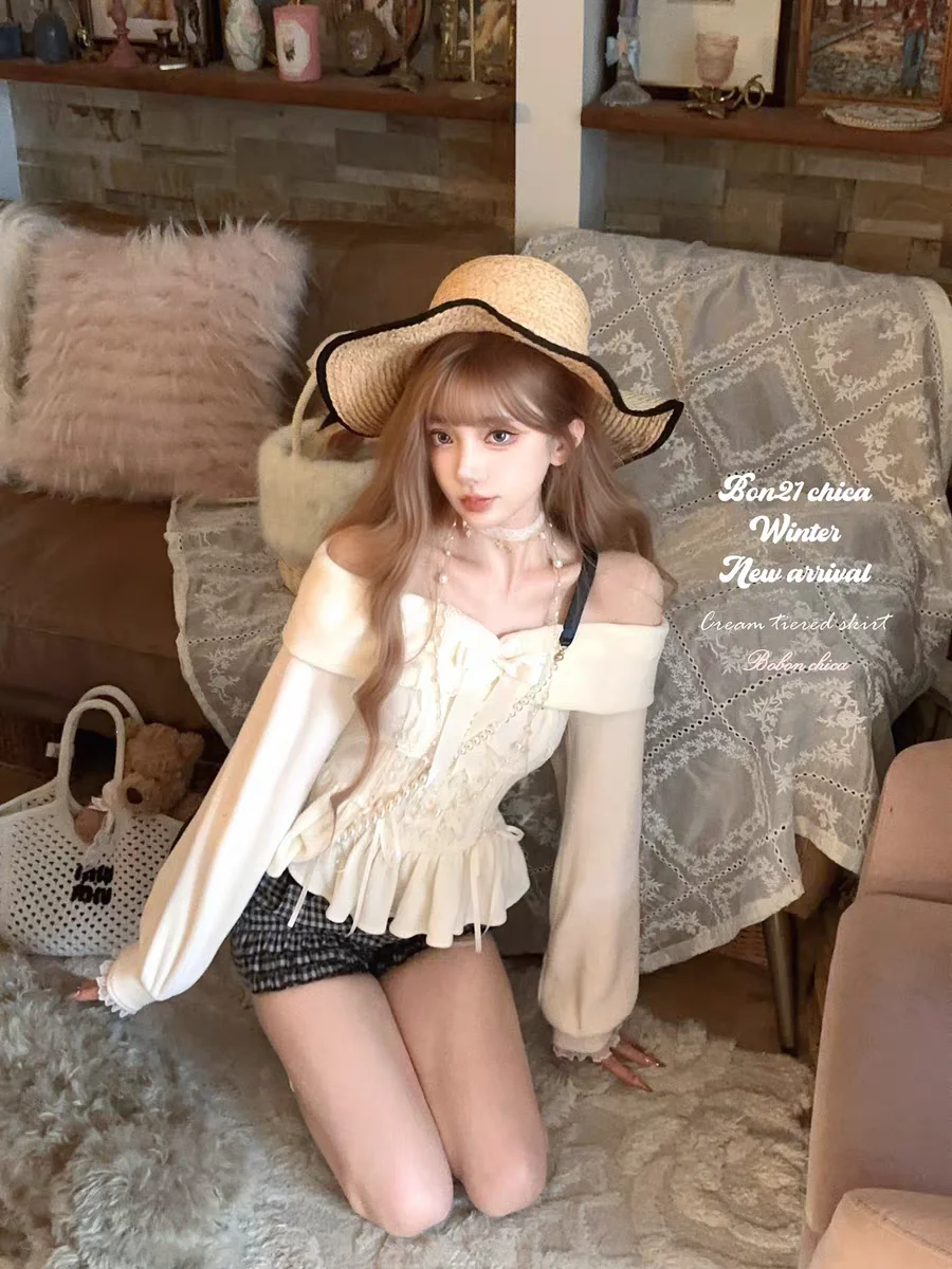 Princess sweet lolita shirt bobon21 Retro Nana slash neck Strapped Bow Knitted Shirt T2423