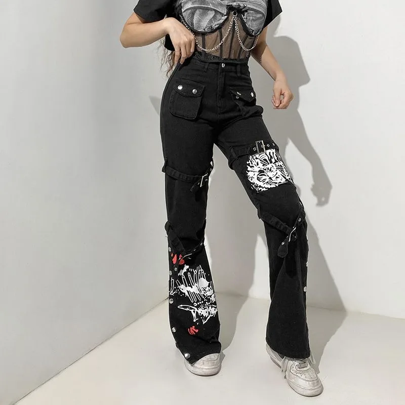Y2K Metal Button High Waisted Straight Leg Jeans Drop Crotch Print Streetwear Pants Hip Hop Cargo Denim Trousers for Women