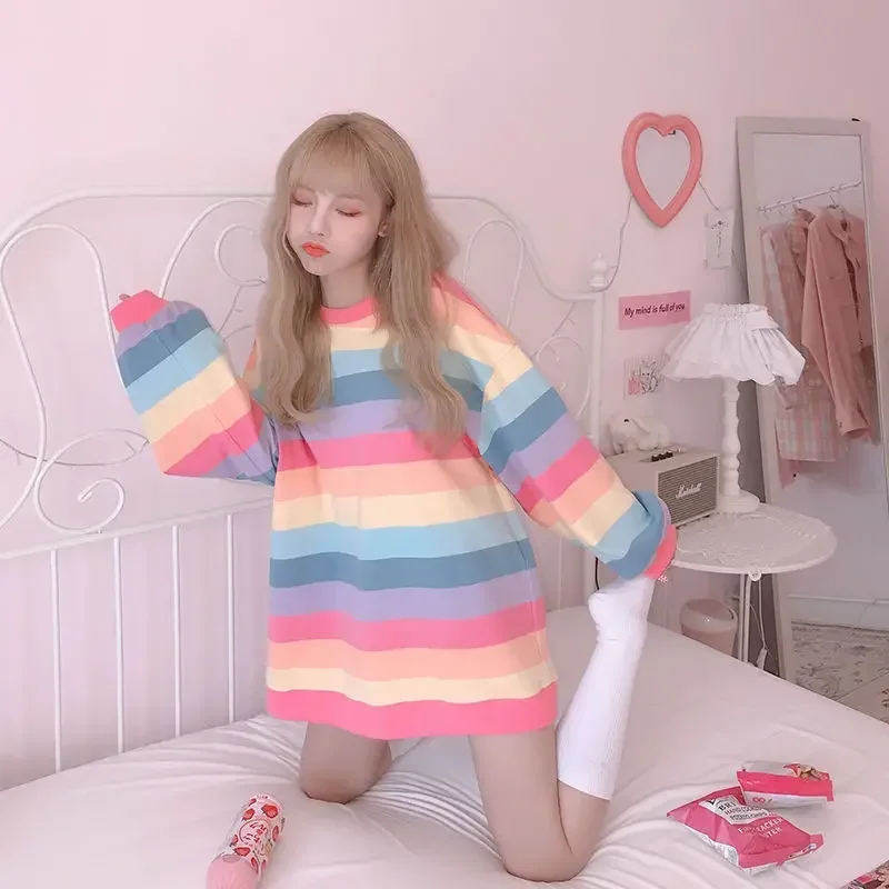

Pop Rainbow Stripes Long Sleeve T-Shirt Women Base Shirt Spring Autumn New Korean Style Japanese Student Round Neck Comfortable