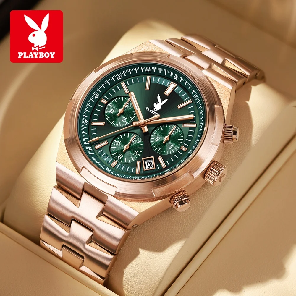 PLAYBOY 3111 Fashion Brand Quartz Watch Men Luminous Function 30m Waterproof Chronograph Dial Date Window Watch For Men