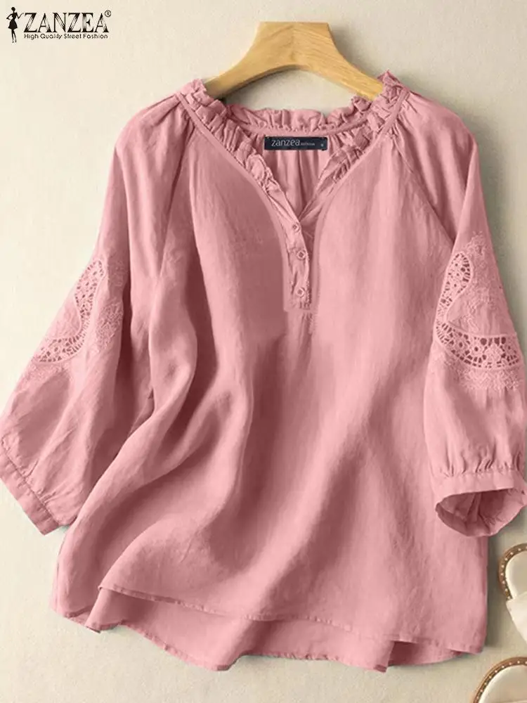 ZANZEA Ruffled V Neck Lantern Sleeve Tops Tunic Elegant Summer Cotton Daily Blusas Casual Lace Patchwork Women Loose Blouses