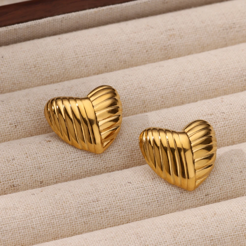 Heart Stud Earrings for Women Stainless Steel Gold Color Wedding Aesthetic Cute Irregular Texture Earring Jewelry Accessories image 3