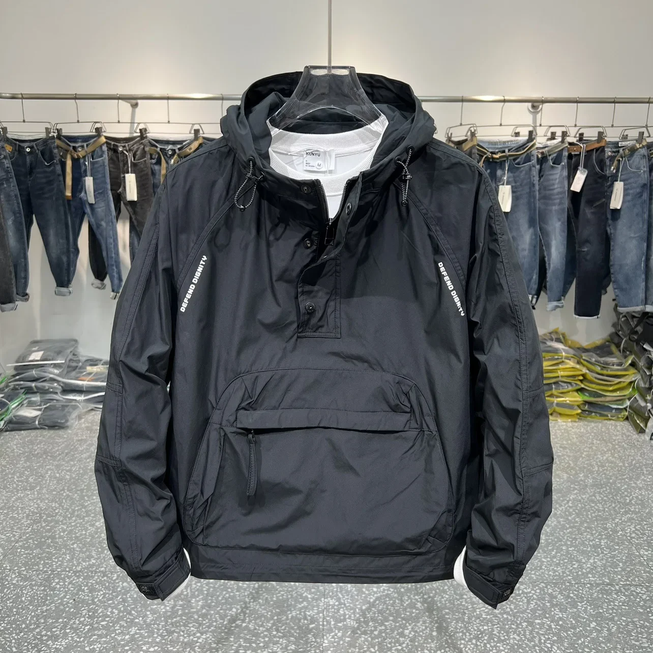 Arbeitsjacke mit Kapuze, wasserdicht, winddicht, für den Außenbereich, lässiger lockerer Mantel, Windbreaker-Hoodie-Jacke – Detail 3