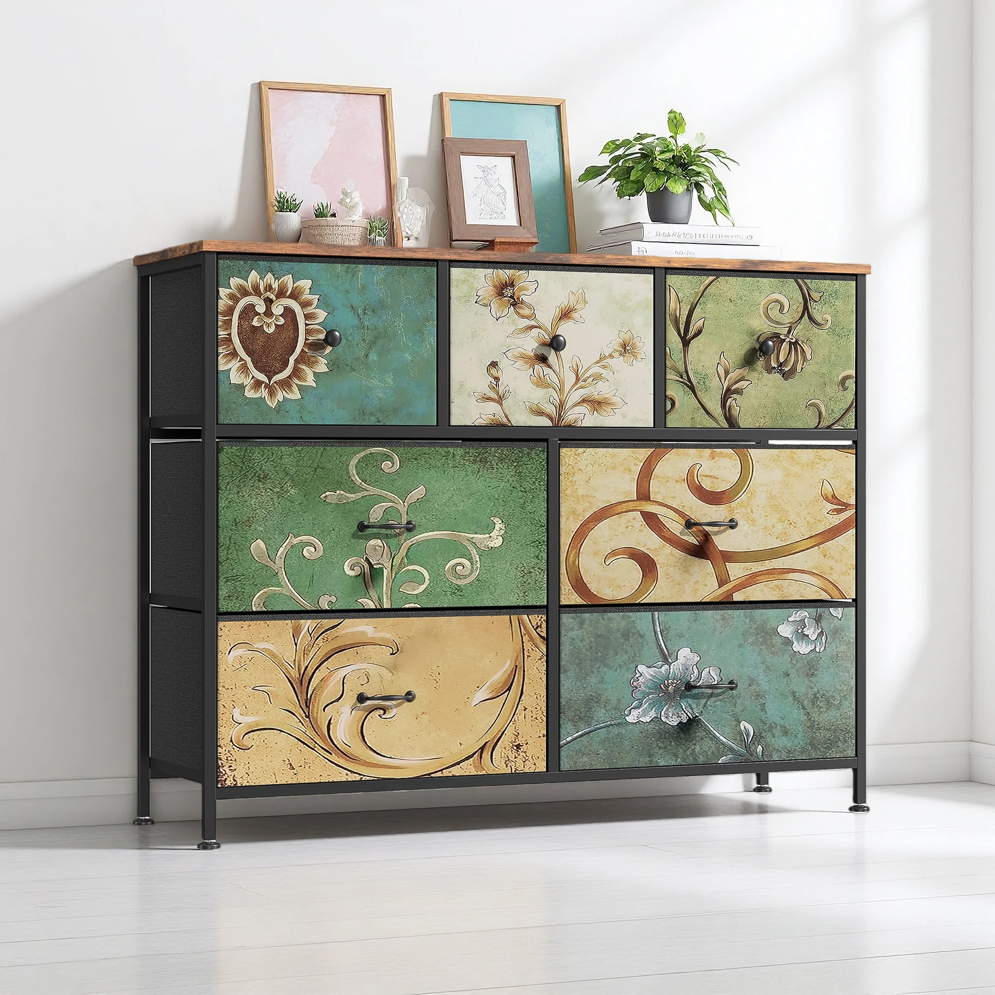Rosahqnda Kommode mit 5/6/7/8/9 Schubladen, Vintage-Muster, Stoffbezug, Holzplatte, Eisenrahmen, Wohnzimmer, Schlafzimmer, Retro-Stil