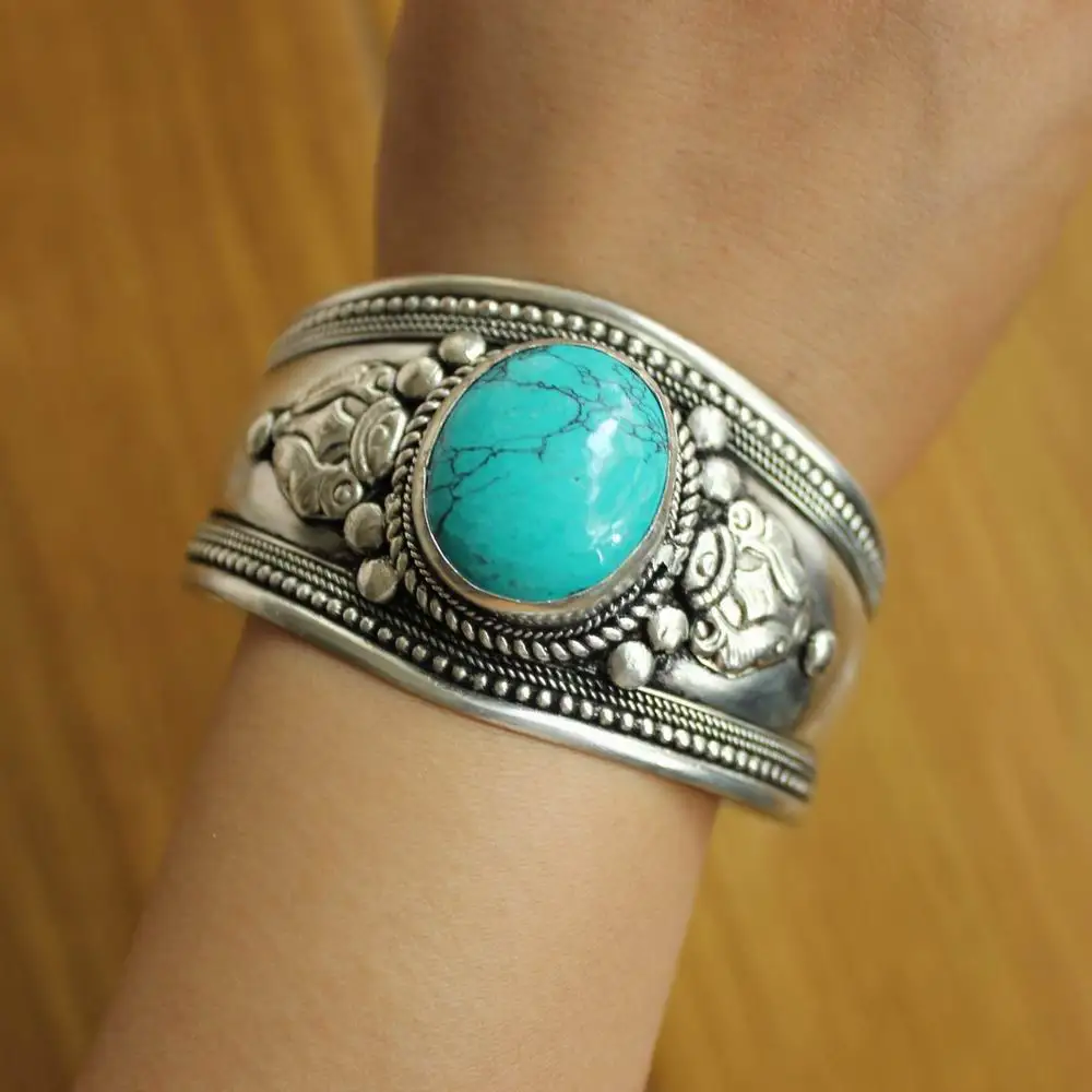 BR503 Ethnic Tibetan Silver Inlaid Natural Turquoises Stone 4cm Wide Open Cuff Bracelet