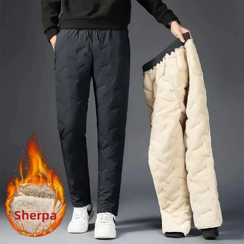 Winter Men's Casual Fleece-Lined Thickened Cotton Warm Down Trousers Plus Size Loose Fit Outdoor Pants Woolen Velvet Pants