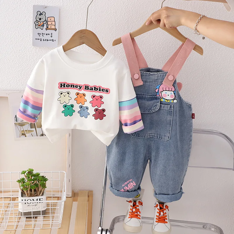 2024 Autumn 2pcs Cute Baby Girl Outfit Cartoon Print Patchwork Blouse Winglet Denim Overalls Fashion Kids Sets