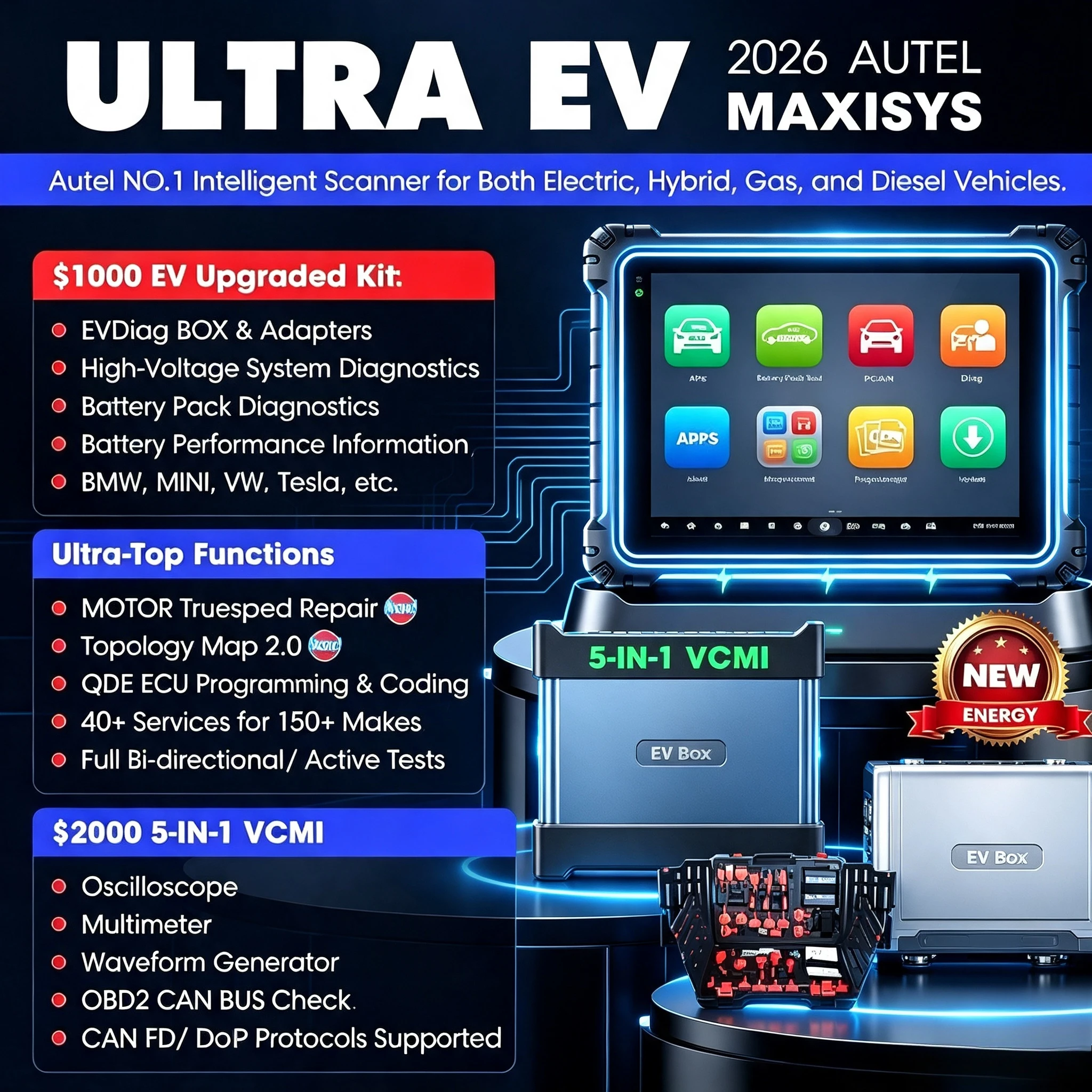 New Energy Vehicle Diagnostic Tool Professional EV Scanner for Mechanics OBD2 Code Reader Full System Diagnosis Compatible