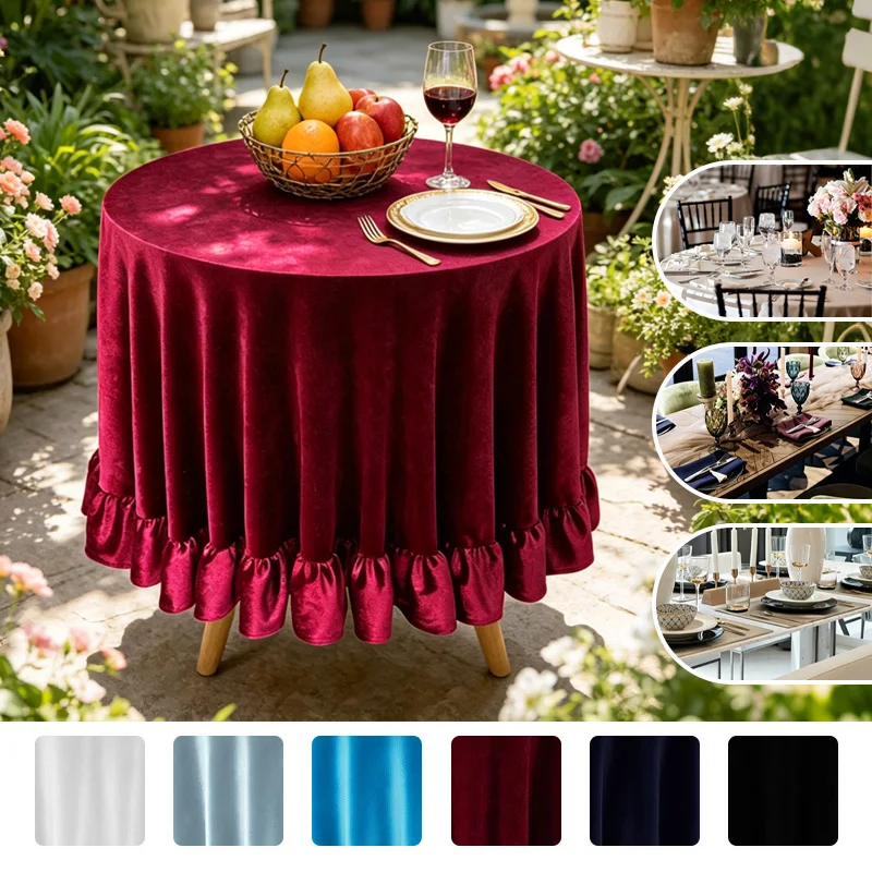 170cm Round Velvet Tablecloth with Ruffle Edge Non-Slip Dustproof Table Cover for Wedding Party Hotel Home Decoration