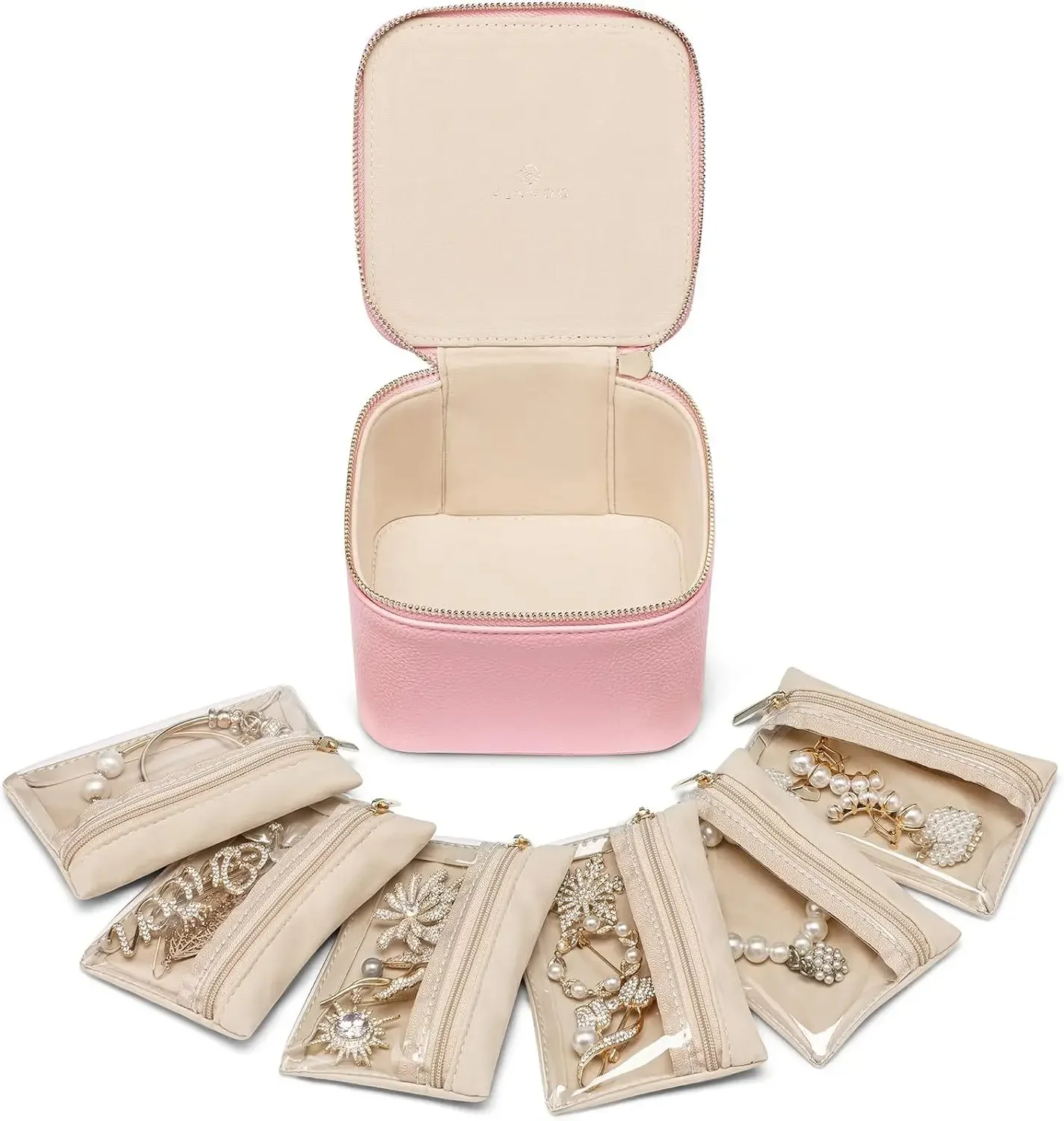

Women Travel Jewelry Box with 6 Velvet Zippered Pockets Earring Necklace Ring Storage Box Genuine Leather Simple Jewelry Case