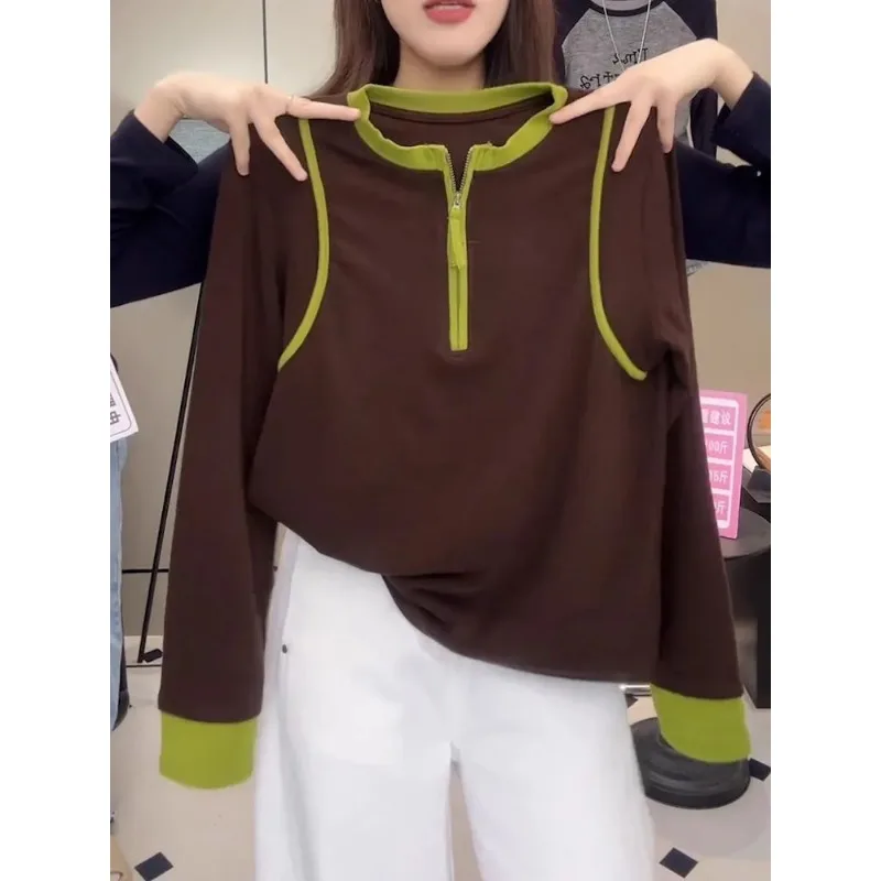 

Корейский стиль, контрастный цвет, нижняя рубашка на молнии, футболка с длинными рукавами, женский новый осенне-зимний универсальный топ