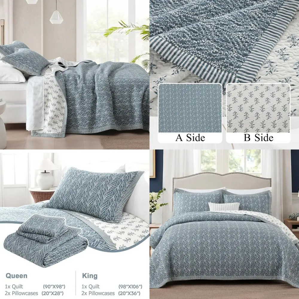 

King Size Cotton Quilt - 100% Cotton Comforter Set, Botanical Chic Design, Lightweight & Reversible Soft Bedding