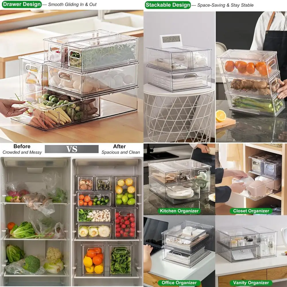Штабелируемые прозрачные ящики для холодильника, хранилище без BPA для холодильника, морозильной камеры, кладовой и организации туалетного столика
