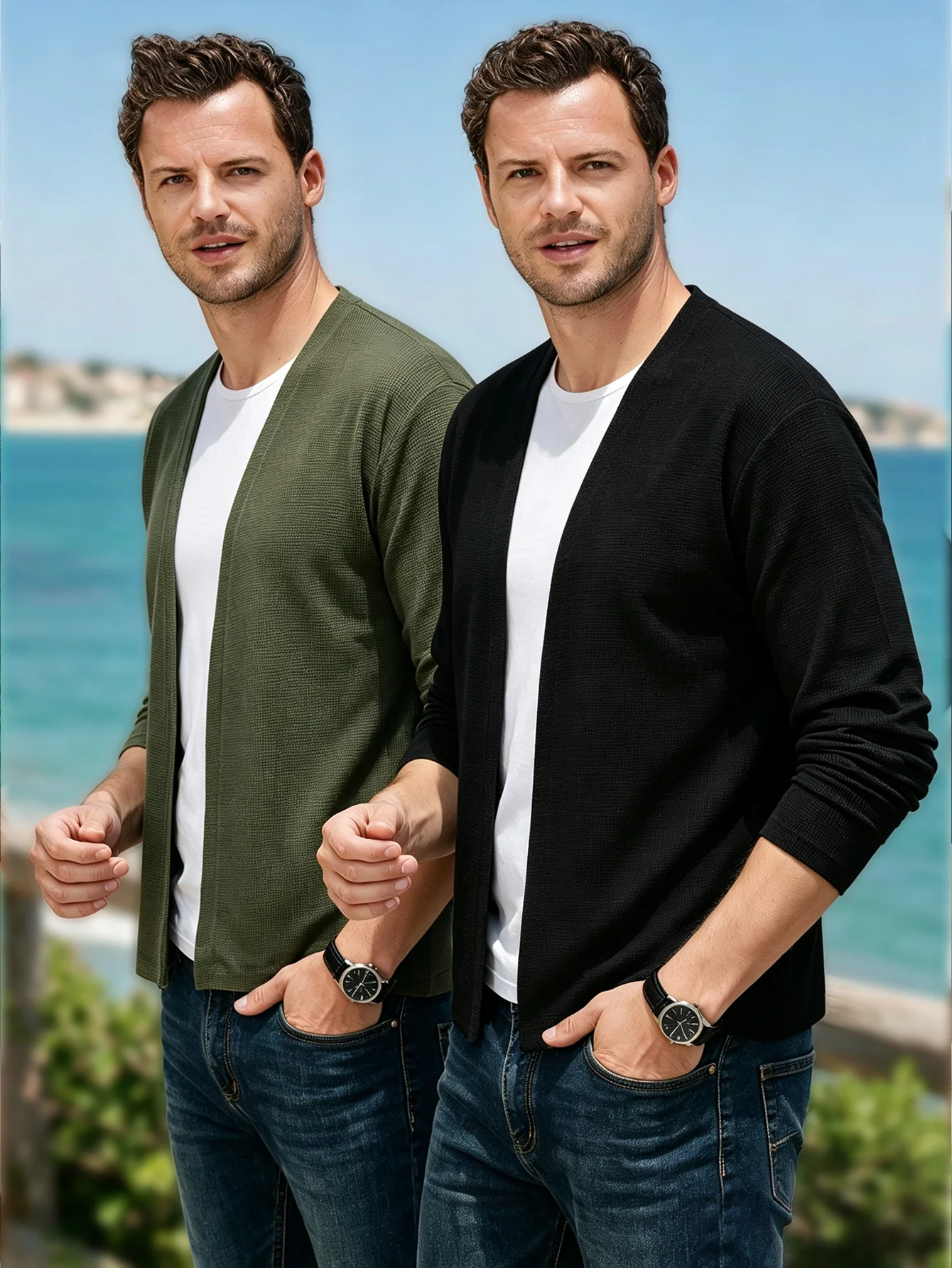 Mens Waffle Knit Open Front Cardigan V Neck Long Sleeve Casual Solid Color Lightweight Knitted Sweater Male Outerwear
