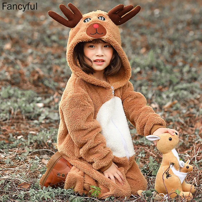 Halloween Christmas Cosplay Parent-child Animal Costume Christmas Reindeer Moose Play Coral Velvet Hooded Jumpsuit For Kids